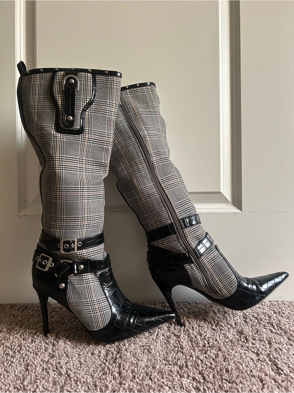 Steve Madden “End Game” Black & Grey Plaid Pointed-Toe Stiletto Knee Boots